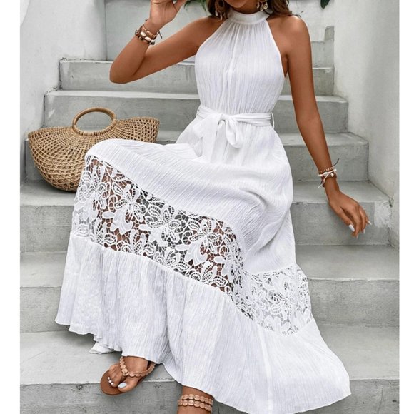 MODA ME COUTURE Dresses & Skirts - Shabby Chic Lace detailed Layered Hem Belted Halter Dress white